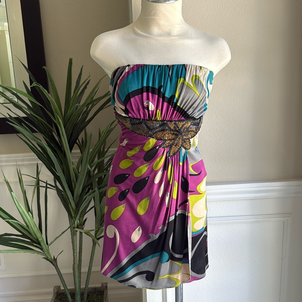 Sky Brand Silk Beaded Floral Strapless Mini Dress Y2K